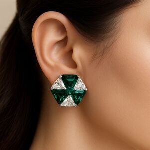 Vintage Crystal Dark Green & Clear Cluster Clip On Earrings Made w/ Swarovski